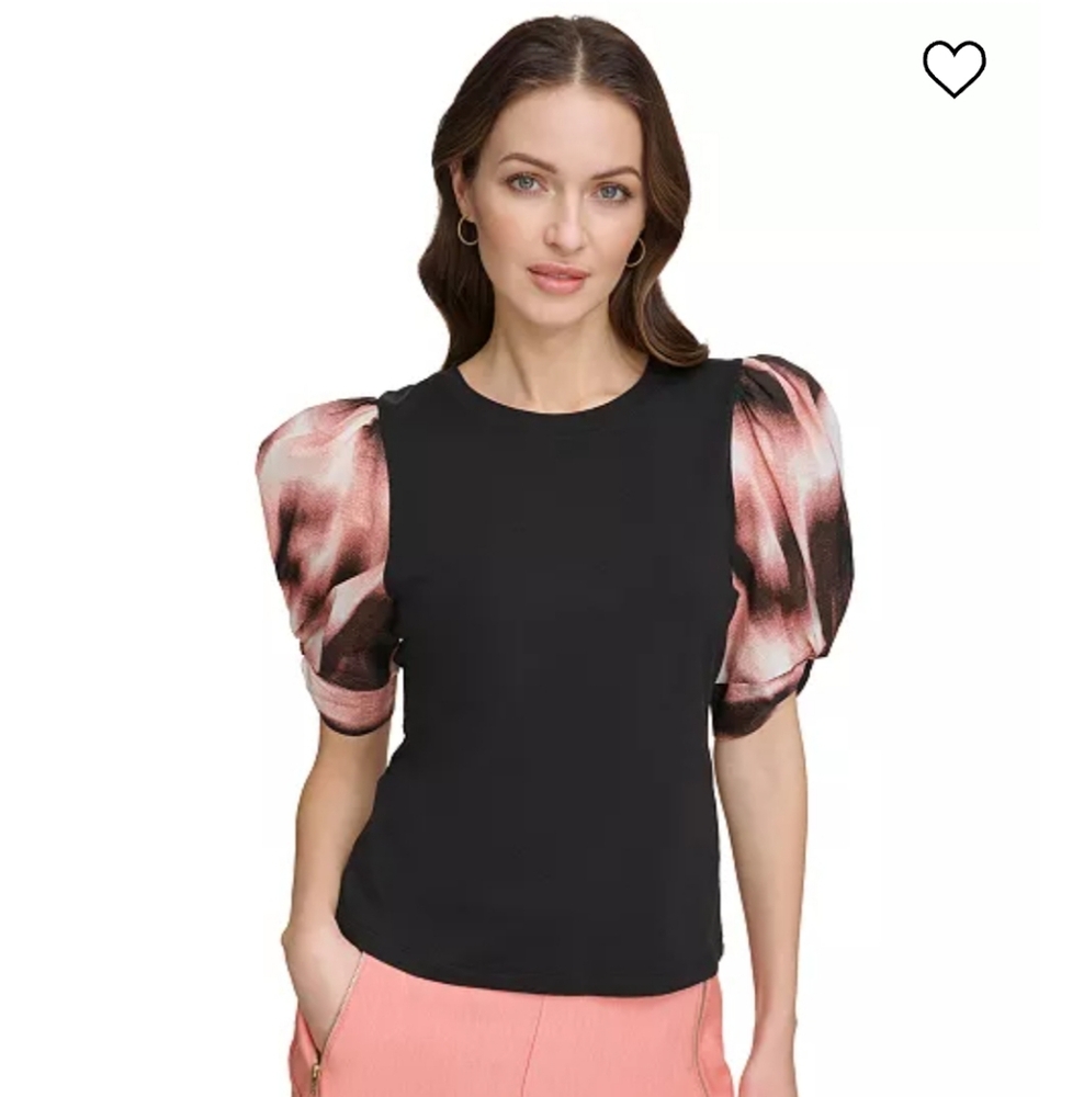 DKNY Women's Printed-Chiffon-Sleeve Crewneck Knit Top